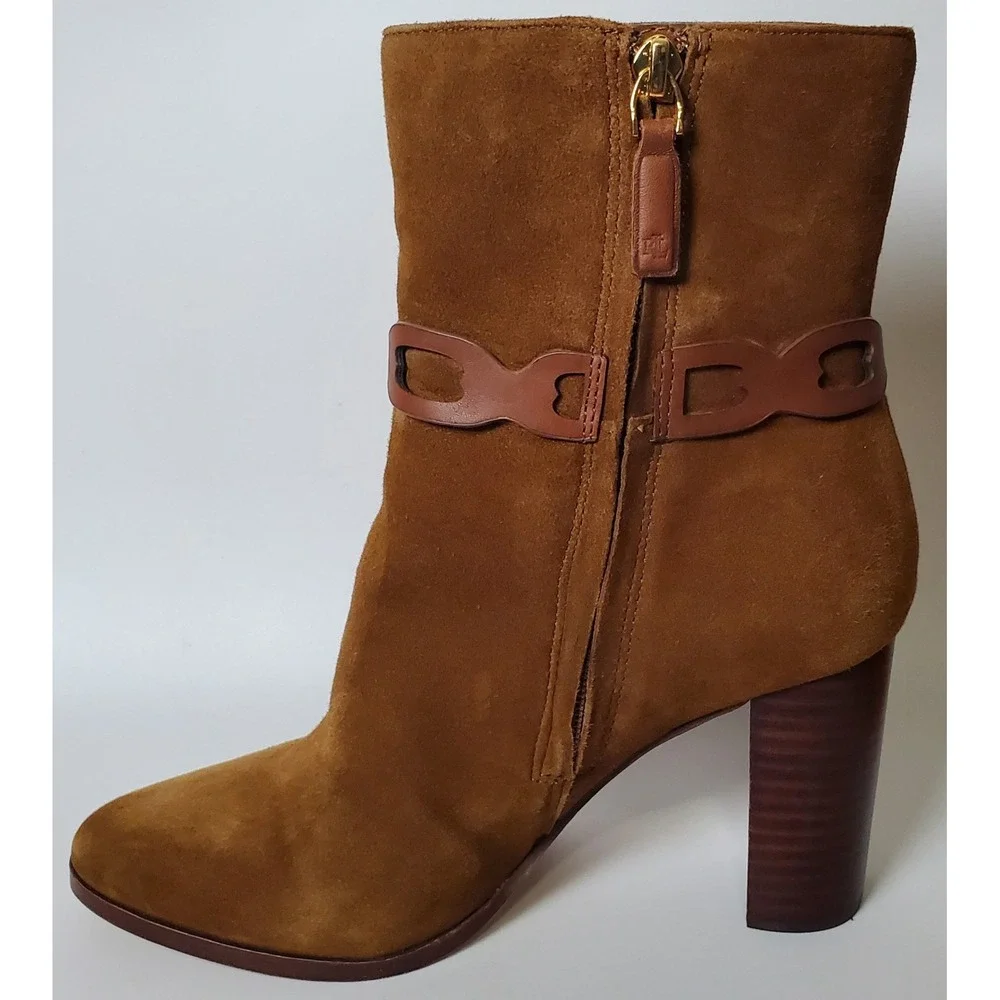 Ralph Lauren Abigael Brown Suede Leather‎ Booties Block Heel Classic Equestrian